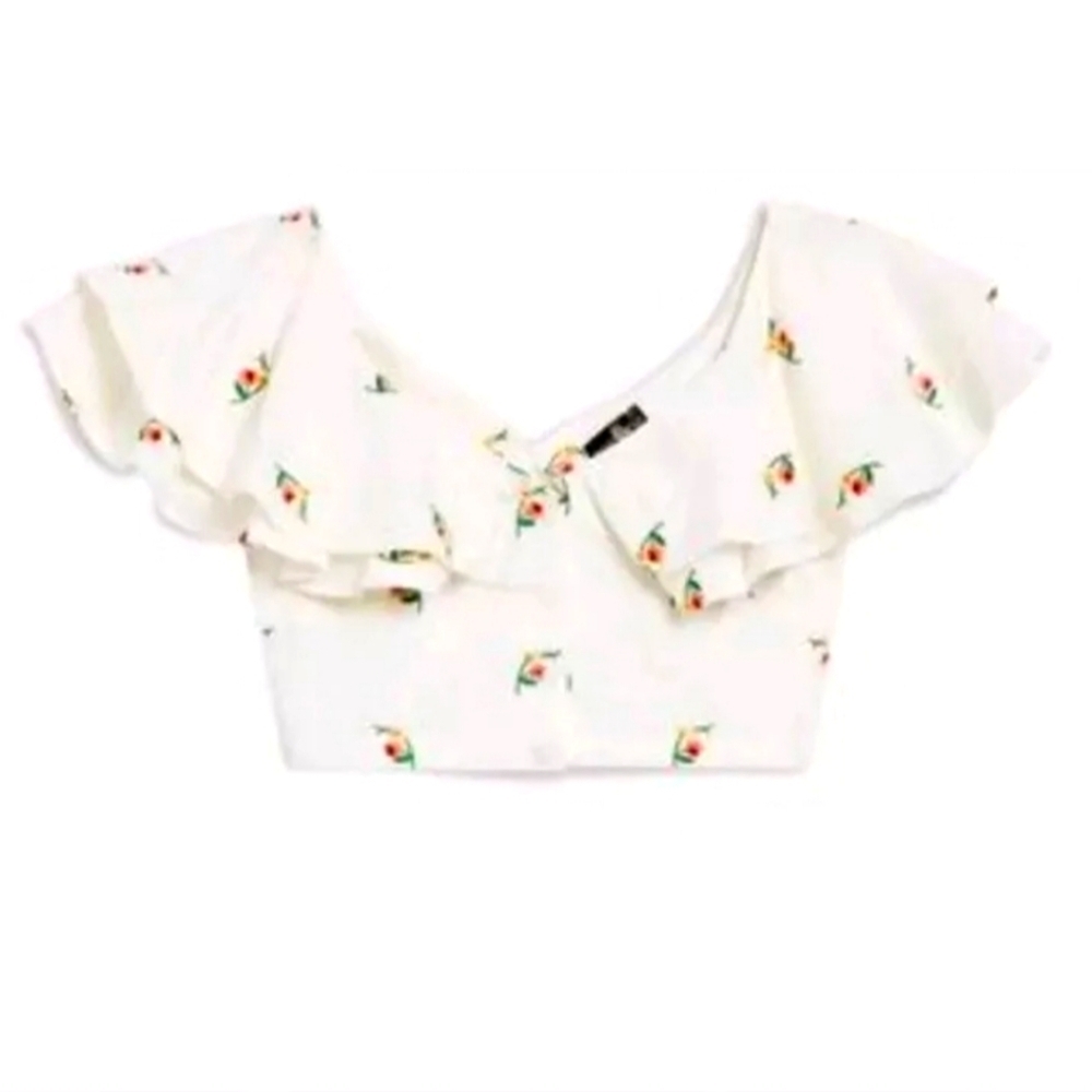 Topshop Cropped Women's White Floral Blouse Flowy Sleeves Size 10 NWT B37#16
